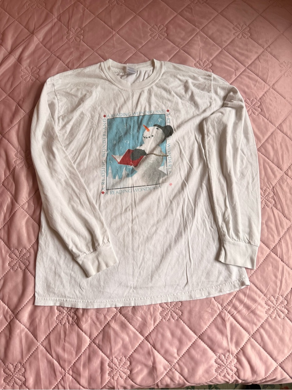 Gildan White Crewneck Long-Sleeve Tee with Snowman Graphic